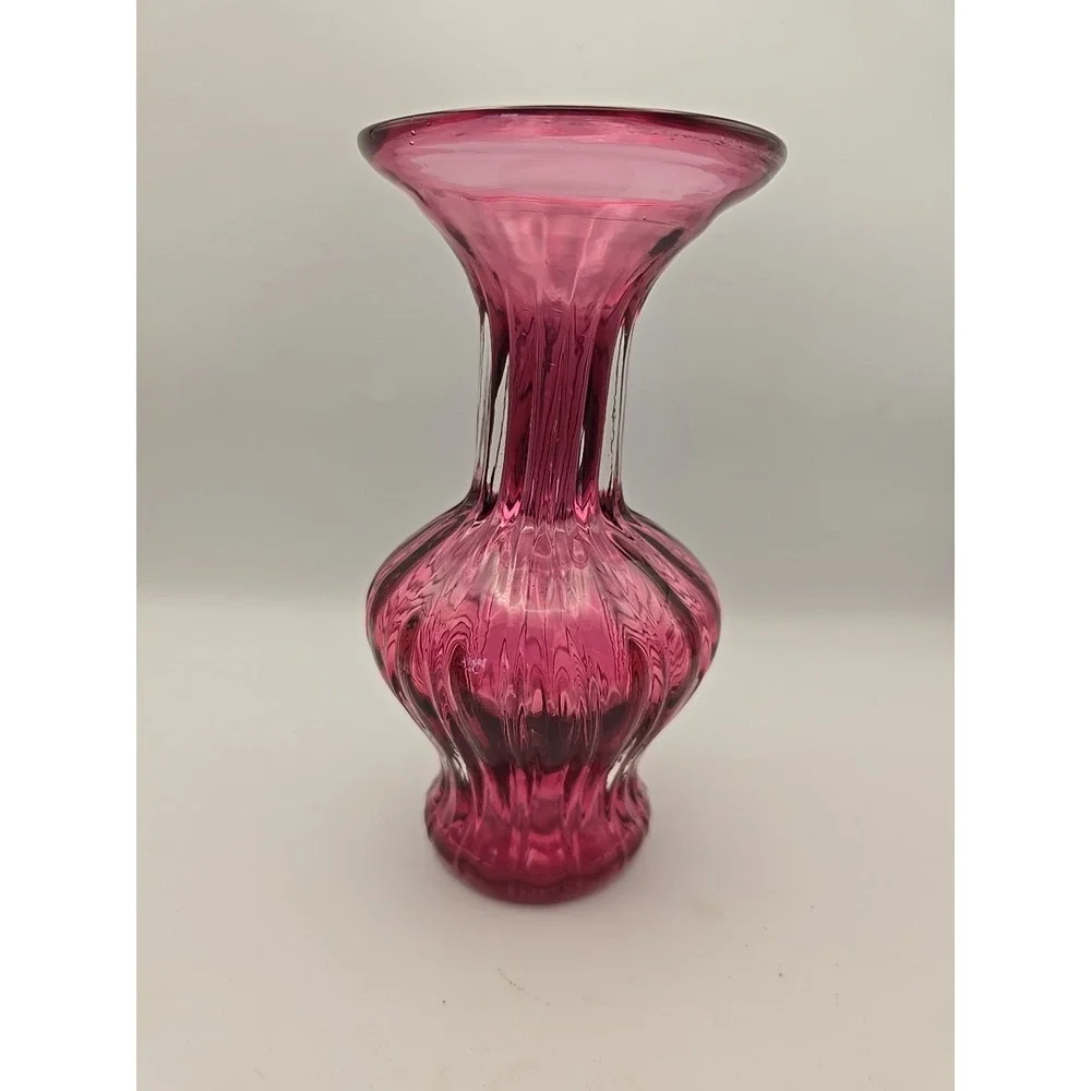 Pilgrim Cranberry Glass Vase Hand‎ Blown Ribbed Flared Flower Vase 5.5
